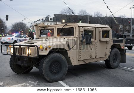 WASHINGTON DC - JANUARY 20: 74th National Guard Troop Command Vehicle parked for Inauguration of Donald Trump. Taken January 20 2017 in District of Columbia.
