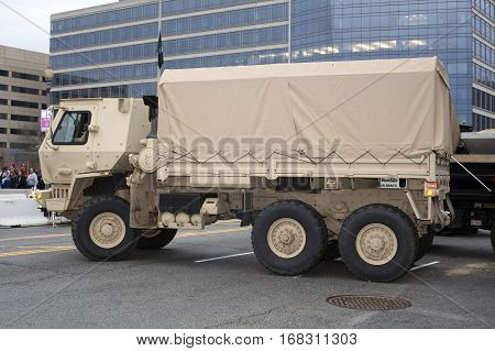 WASHINGTON DC - JANUARY 20: 74th National Guard Troop Command Vehicle parked for Inauguration of Donald Trump. Taken January 20 2017 in District of Columbia.