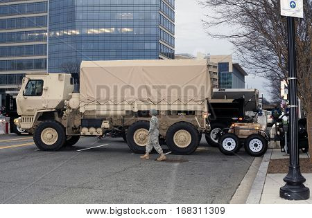 WASHINGTON DC - JANUARY 20: 74th National Guard Troop Command Vehicle parked for Inauguration of Donald Trump. Taken January 20 2017 in District of Columbia.