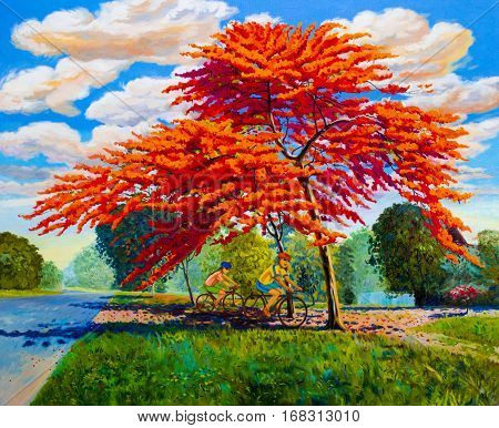 Painting oil color landscape original red orange color of Peacock flowers and woman, man cycling exercise morning. Hand painted blue sky cloud background beauty nature summery season.