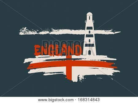 Lighthouse on brush stroke seashore. Paintbrush clouds line . Vector illustration. England country name text and relative national flag