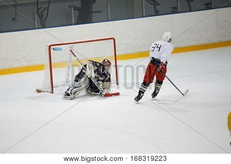 Moscow, Russia - January, 07, 2017: Amateur hockey league LHL-77. Game between hockey team 