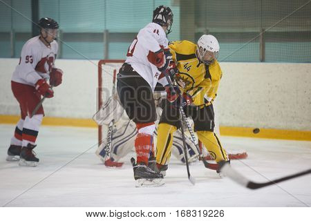 Moscow, Russia - January, 07, 2017: Amateur hockey league LHL-77. Game between hockey team 