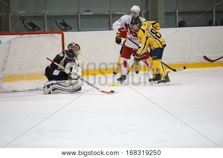 Moscow, Russia - January, 07, 2017: Amateur hockey league LHL-77. Game between hockey team 