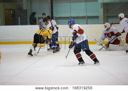 Moscow, Russia - January, 07, 2017: Amateur hockey league LHL-77. Game between hockey team 