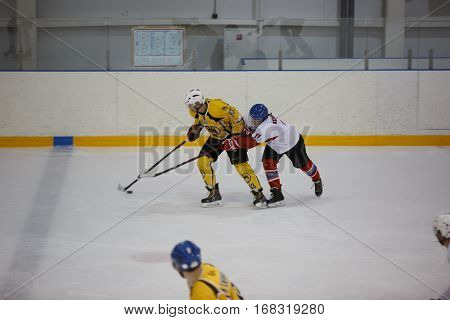 Moscow, Russia - January, 07, 2017: Amateur hockey league LHL-77. Game between hockey team 