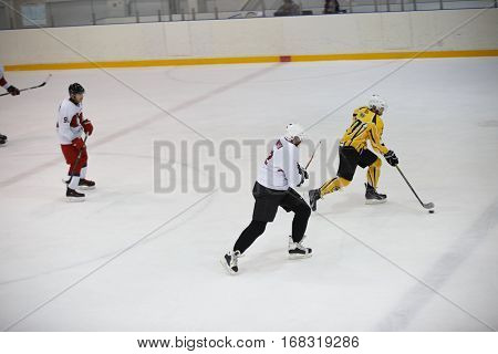 Moscow, Russia - January, 07, 2017: Amateur hockey league LHL-77. Game between hockey team 