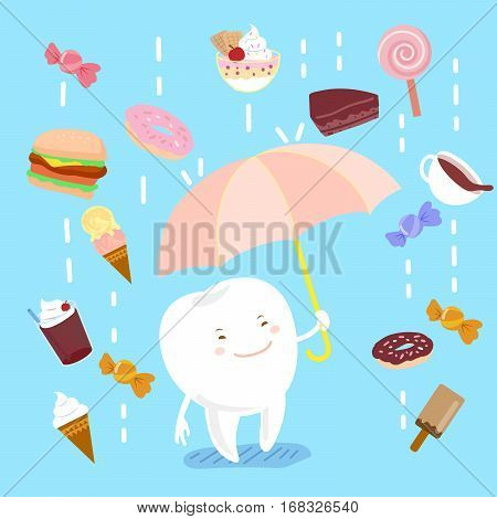 cartoon teeth holding umbrella block junk food