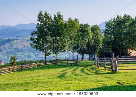 A Wide Angle View of a  Wooden Fence Under a Blue Sky with a Beautiful Meadow Blanketed with Wildflowers.