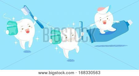 cute cartoon tooth play with floos and toothpaste