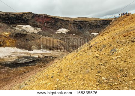 Climbing to the active volcano Mutnovsky on Kamchatka.