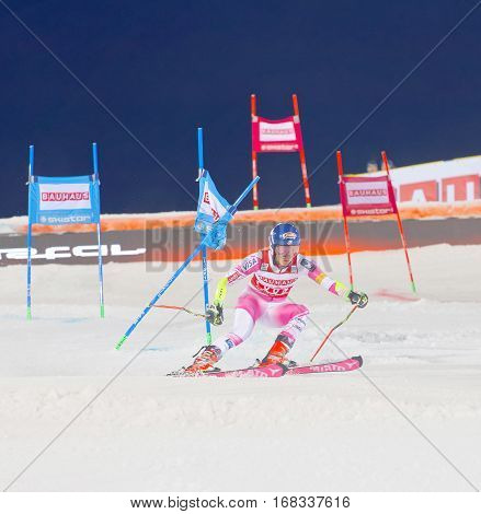 STOCKHOLM SWEDEN - JAN 31 2017: Mikaela Shiffrin (USA) winner in the downhill skiing parallel slalom at the Alpine Audi FIS Ski World Cup - city event January 31 2017 Stockholm Sweden