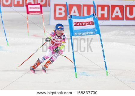 STOCKHOLM SWEDEN - JAN 31 2017: Mikaela Shiffrin (USA) winner in the downhill skiing parallel slalom at the Alpine Audi FIS Ski World Cup - city event January 31 2017 Stockholm Sweden