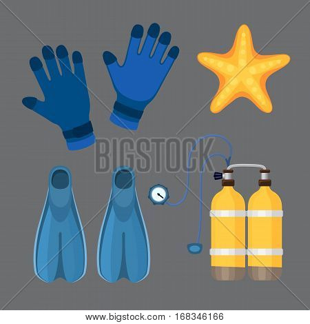 Snorkeling or scuba fins or diving suit equipment vector illustration. Underwater swimming deep professional shoe exercise. Water sport footwear equipment vector.