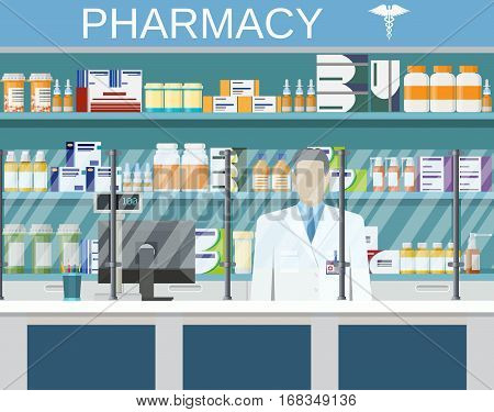 Modern interior pharmacy or drugstore with male pharmacist at the counter. Medicine pills capsules bottles vitamins and tablets. vector illustration in flat style
