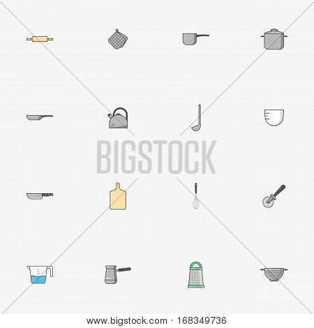 Set of icons of kitchen utensils in flat style. Simple icons on grey background. Vector illustration.
