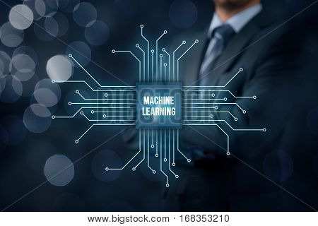 Machine learning data analysis concept. Businessman or programmer with abstract symbol of a chip with text machine learning connected with data represented by points.
