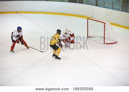 Moscow, Russia - January, 07, 2017: Amateur hockey league LHL-77. Game between hockey team 