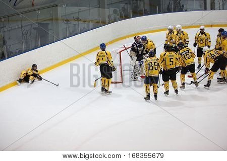 Moscow, Russia - January, 07, 2017: Amateur hockey league LHL-77. Game between hockey team 