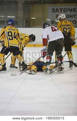 Moscow, Russia - January, 07, 2017: Amateur hockey league LHL-77. Game between hockey team 