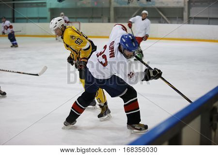 Moscow, Russia - January, 07, 2017: Amateur hockey league LHL-77. Game between hockey team 