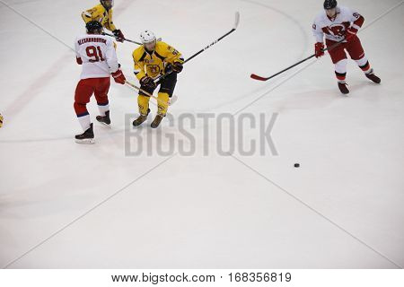 Moscow, Russia - January, 07, 2017: Amateur hockey league LHL-77. Game between hockey team 