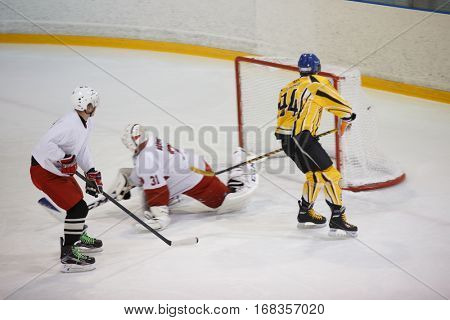 Moscow, Russia - January, 07, 2017: Amateur hockey league LHL-77. Game between hockey team 