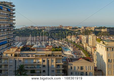 panoramic views of Mediterranean coast, bay and neighborhoods of La Condamine