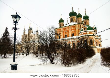 Goritsky Monastery of Dormition in Pereslavl Zalessky, Russia in winter with snow and historical churches