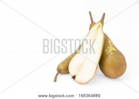 Three Abate Fetel pears isolated on white background. Close up.
