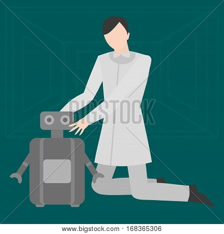 Flat home robot engineer occupation. Future designer Futuristic mechanic profession. Specialist of robotics and it technology. Designer home robots