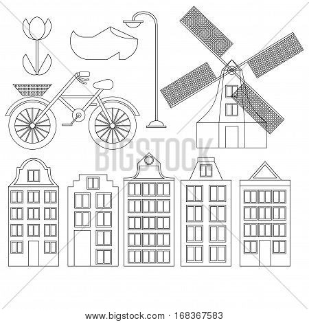Amsterdam city flat line art. Travel landmark architecture of netherlands Holland houses european building isolated set windmill bridge bike shoes and lamp.