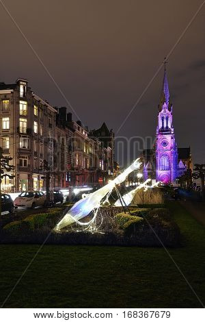 Commune Of Schaerbeek In Brussels Illuminate With Lights.