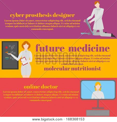 Future doctors and nurses and medical staff. Medical futuristic team in flat design people character. Molecular diet genes prostheses it medic and online doctor