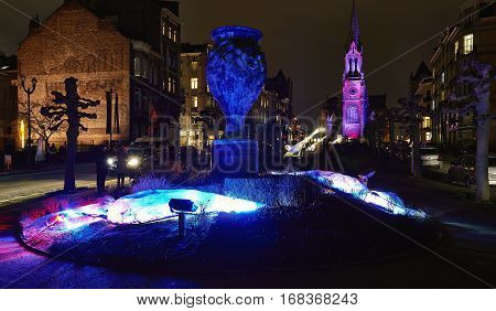 Commune Of Schaerbeek In Brussels Illuminate With Lights.