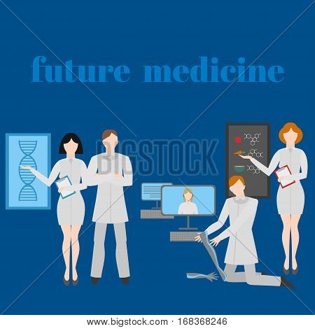 Future doctors and nurses and medical staff. Medical futuristic team in flat design people character. Molecular diet genes prostheses it medic and online doctor.