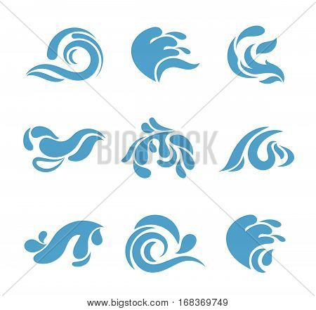 Abstract cartoon splash set. Vector blue water waves isolated on white background for logo or other business identity. Abstract aqua form for business logotype illustration
