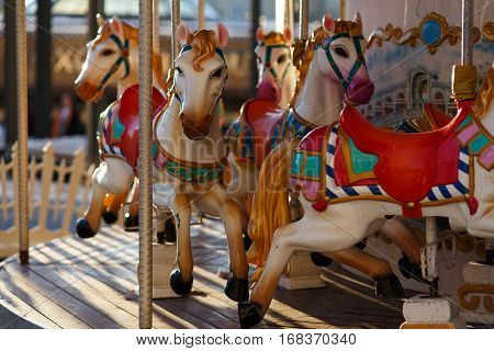 Photo of infant carousel with workhorses in afternoon