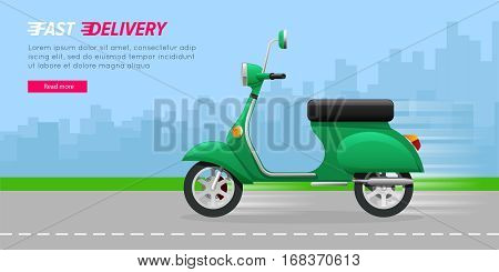 Fast Delivery. Green motorcycle on asphalt road. Contemporary fast two-wheeled mean of transportation driving quickly through city. A lot of high buildings in flat design on blue background. Vector