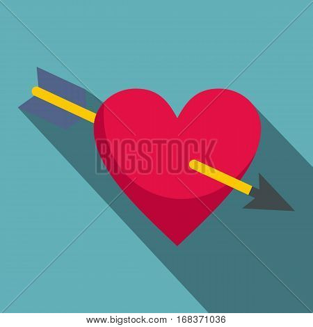 Heart pierced by Cupid arrow icon. Flat illustration of heart pierced by Cupid arrow vector icon for web   on baby blue background