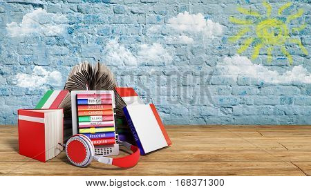 E-book Audio Learning Languages And Books On Break Bacground 3D Render Success Knowlage Concept