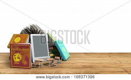 E-book Reader Books And Tablet On White Background 3D Render Success Knowlege Concept