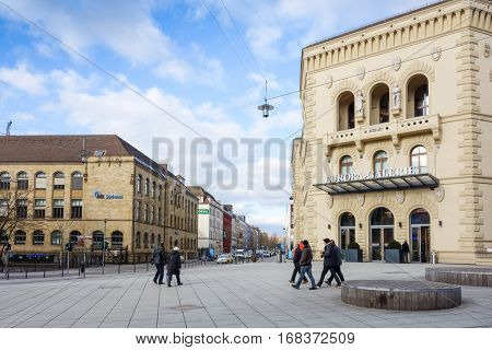 SAARBRUCKEN, GERMANY - January 17, 2017: street view of Saarbrucken, is the capital and largest city of the state of Saarland. January 17, 2017 in Saarbrucken, Germany