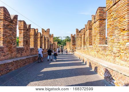 Verona, ITALY - September 3, 2016. Beautiful street view of  Verona center. Shakespeare's plays are set in Verona: Romeo and Juliet, The Two Gentlemen of Verona, and The Taming of the Shrew.
