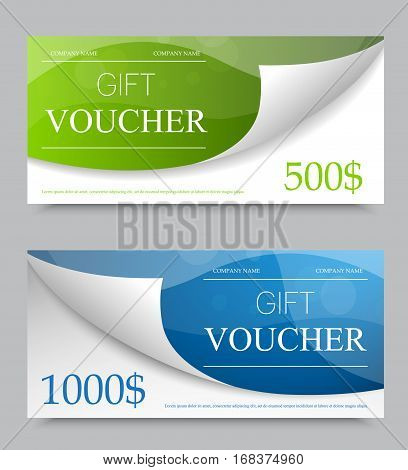 Gift company voucher template on five hundred and one thousand dollars with colorful light bent paper pattern. Vector illustration