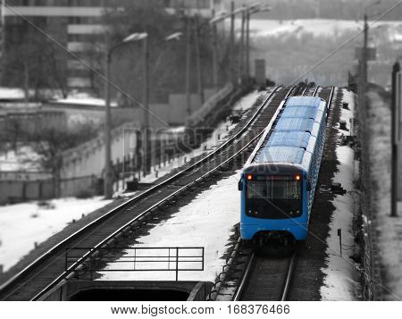 Metro blue riding on rails Kiev, Ukraine