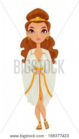 Illustration of a Woman Wearing a Roman Empress Costume Composed of a White Tunic, a Pair of Sandals, and Matching Jewelry