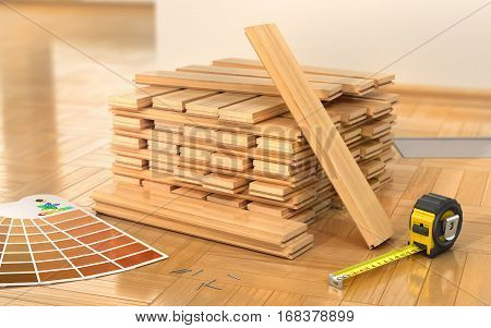Stack of parquet. Timberwork lumber work and woodwork industry concept: stacks of wooden timber planks on the wooden floor. 3d illustration