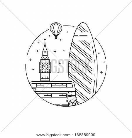 Round the emblem of the city of London drawn in a linear style, depicting a vector of the landmark of the capital of England.
