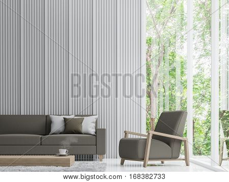 Modern white living room 3D Rendering Image There are white floor decorate wall with white wood latticebasic simple and bright.There are large windows looking out to experience nature up close.